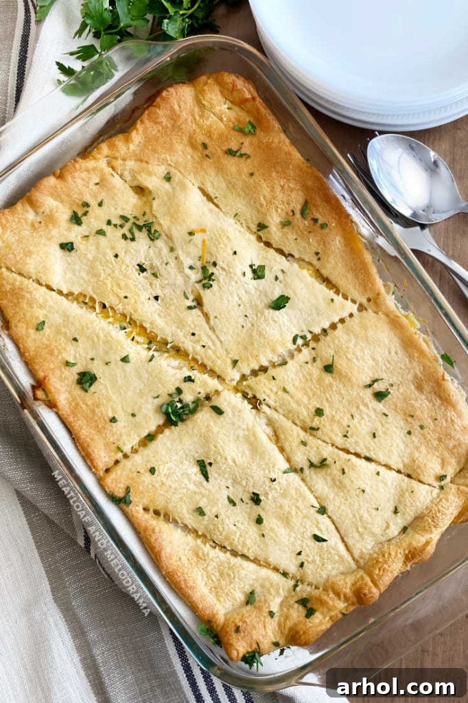 A baked chicken pot pie casserole in a dish, showing its golden crescent dough crust and bubbling filling.