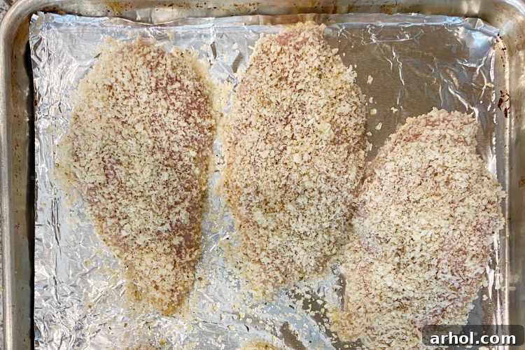 Panko and Parmesan coated chicken breasts arranged on a baking sheet, ready for the oven.