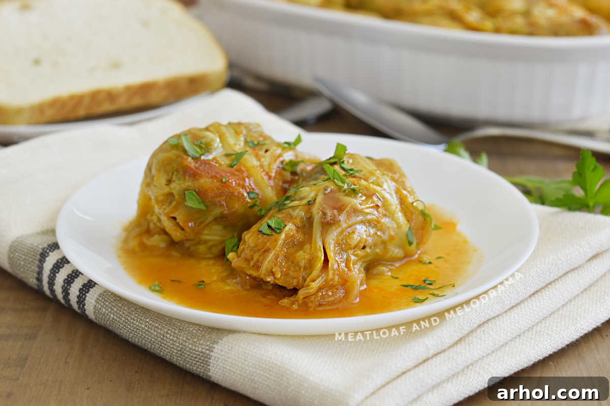 2 stuffed cabbage rolls (halupki) in tomato soup sauce on a white plate, garnished with fresh herbs.