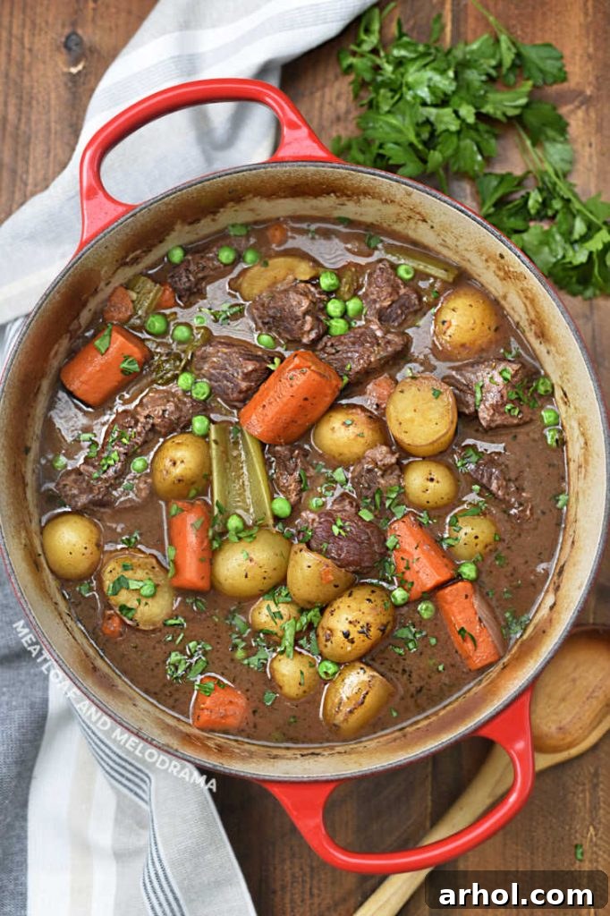 Rich beef stew in a red Dutch oven, garnished with fresh parsley, ready to be served