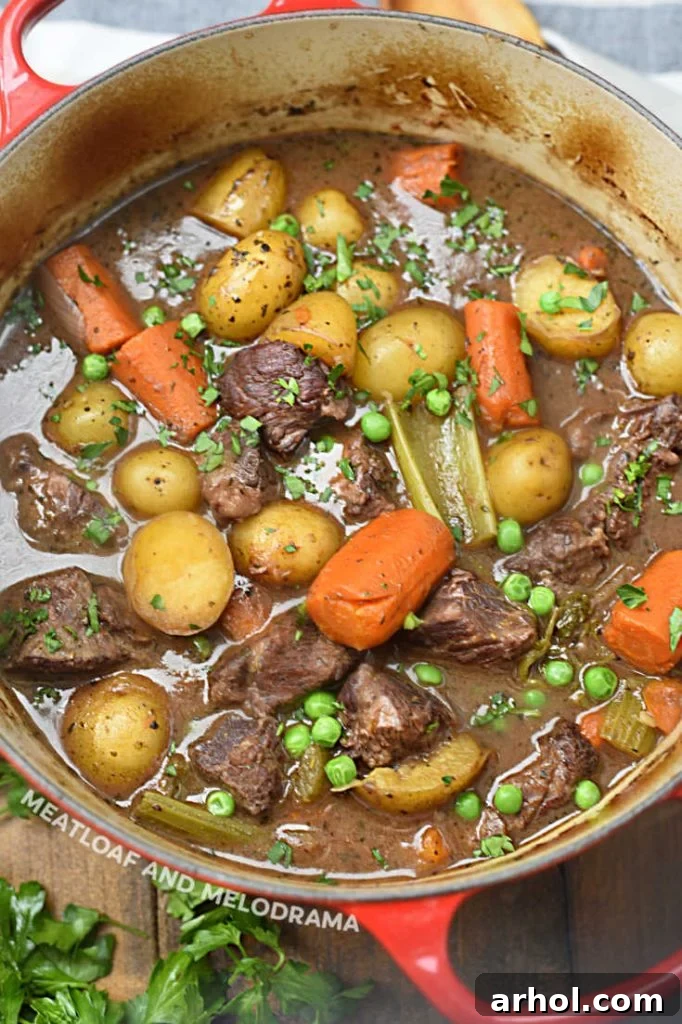 Hearty beef burgundy stew served beautifully in a red Dutch oven
