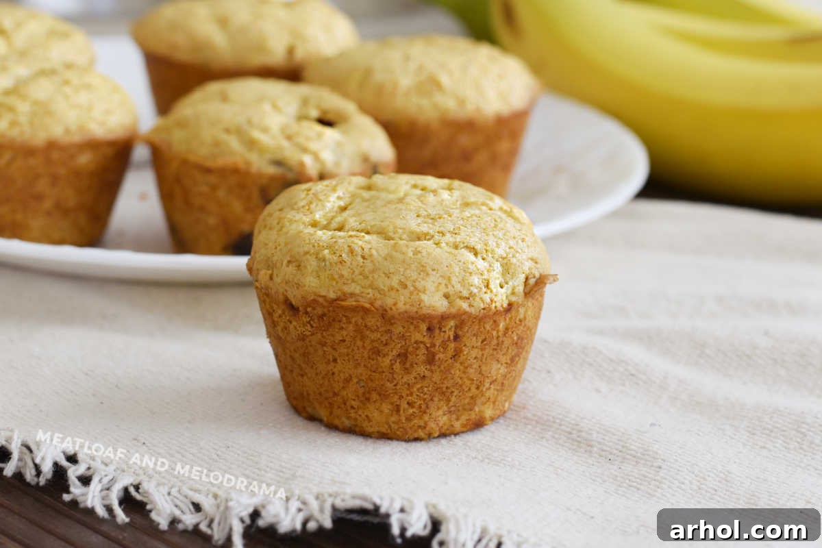 A single perfectly baked two-ingredient banana muffin resting on a rustic wooden table