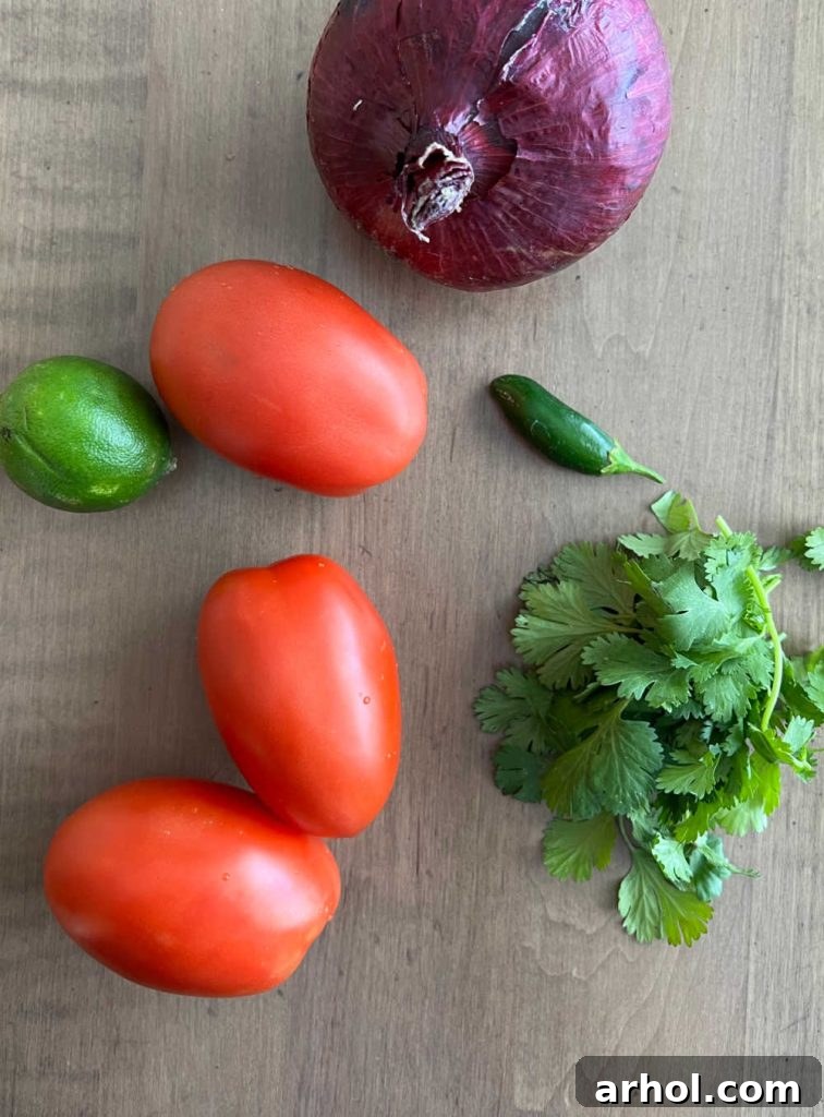roma tomatoes, lime, red onion, jalapeño pepper and cilantro on the table