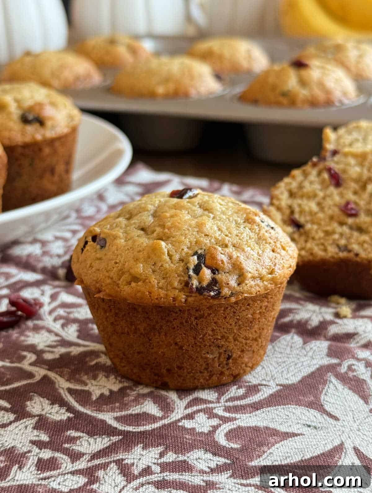 Sweet and Tart Banana Cranberry Muffins 2 Golden-brown banana cranberry muffins, fresh from the oven, scattered across a rustic wooden table, showcasing their plump dried cranberries and inviting texture.