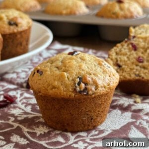Homemade banana cranberry muffins, perfectly golden and studded with dried cranberries, arranged enticingly on a cooling rack.