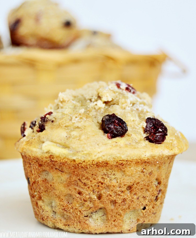 banana cranberry muffins A close-up of a perfectly baked banana cranberry muffin, showcasing its moist interior, golden-brown top, and visible pieces of dried cranberries and coconut oil in a warm, inviting light.