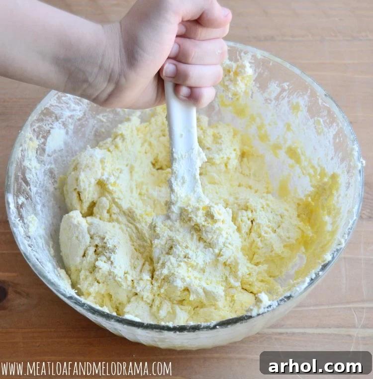 Mix cake mix, cool whip, and egg together in a large mixing bowl to form cookie dough, with a spatula resting in the bowl.