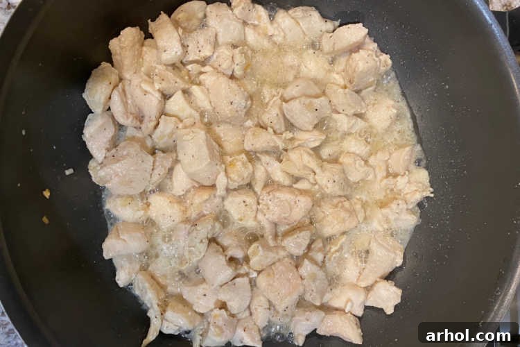 Cubed chicken breast searing in a frying pan with spices.