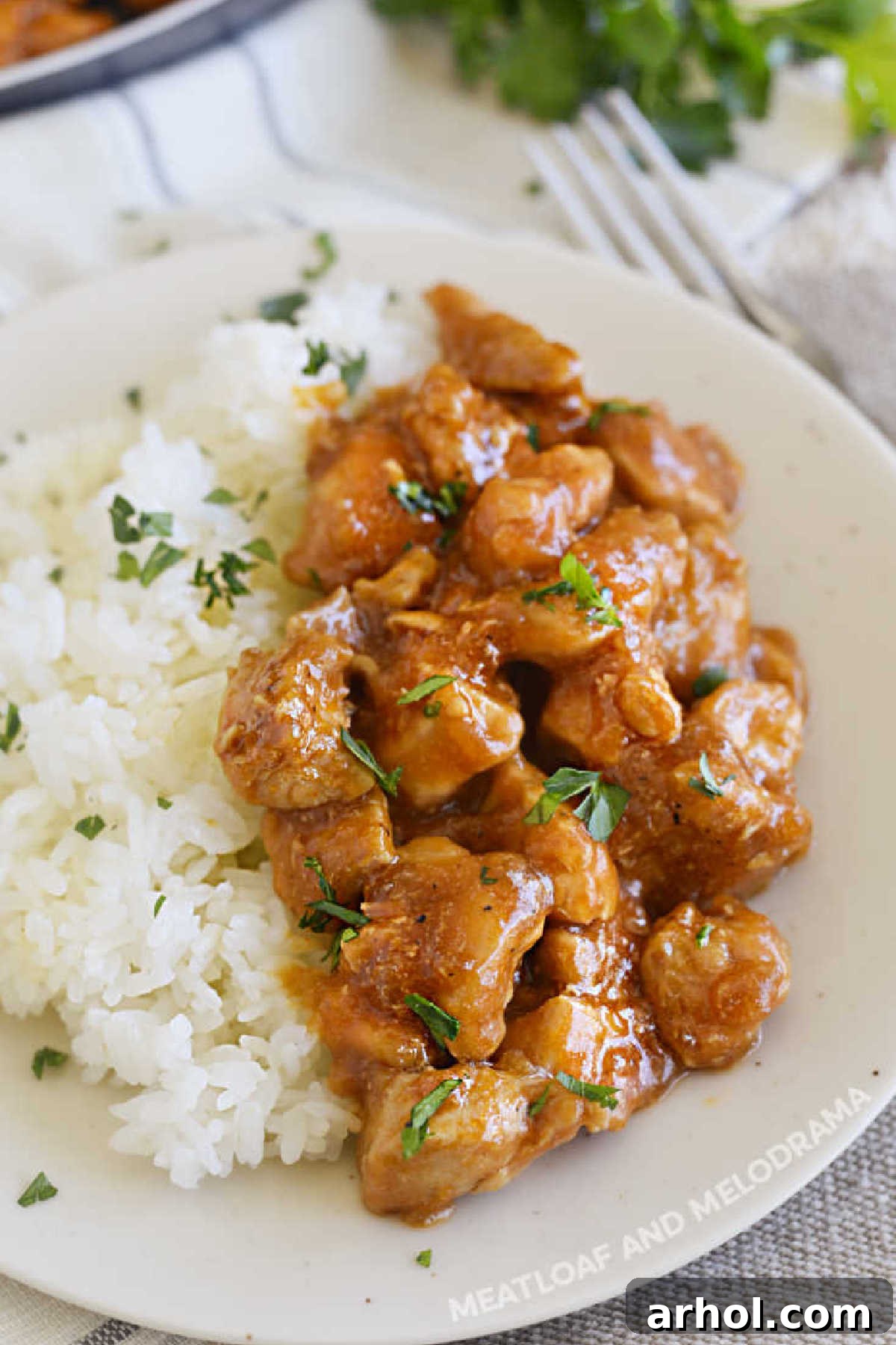 Full plate of Bourbon Street chicken and rice, ready to be enjoyed on a dinner table.