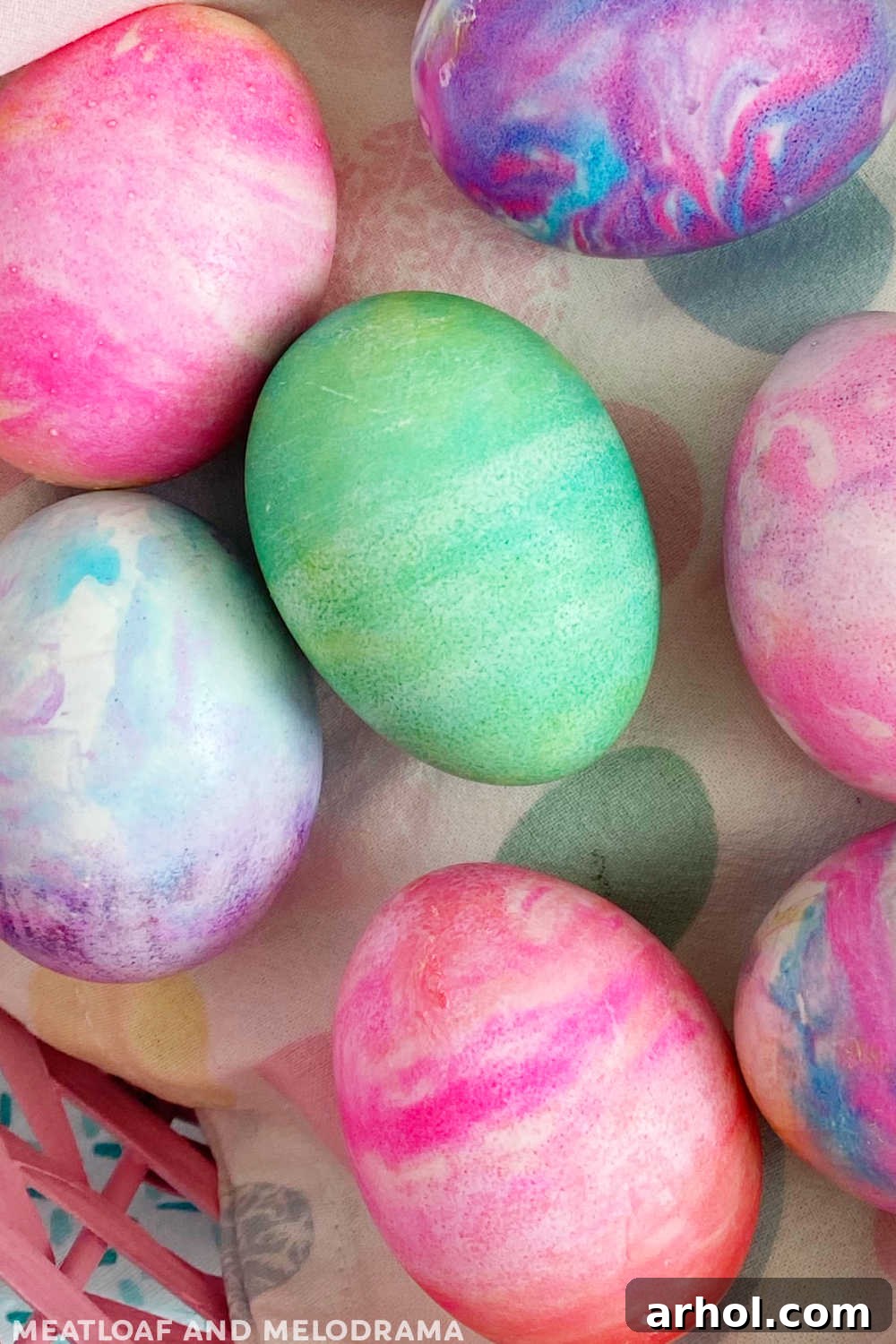 Beautifully marbled Easter eggs dyed using the Cool Whip method, showcasing vibrant colors and unique patterns.