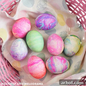 Cool Whip Easter eggs in an Easter basket, showcasing vibrant colors and marbled patterns.