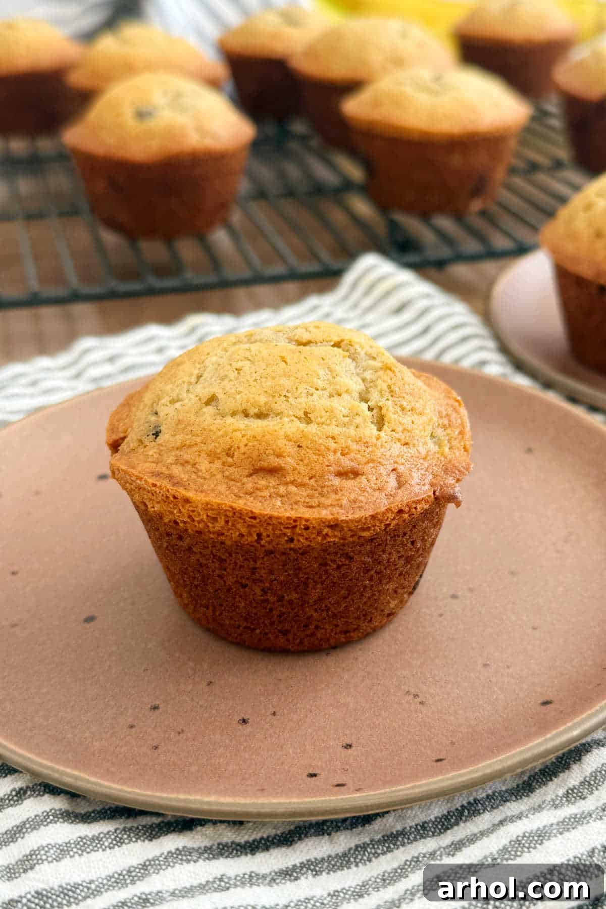 Golden-brown, perfectly baked banana bread muffins arranged on a rustic wooden table.