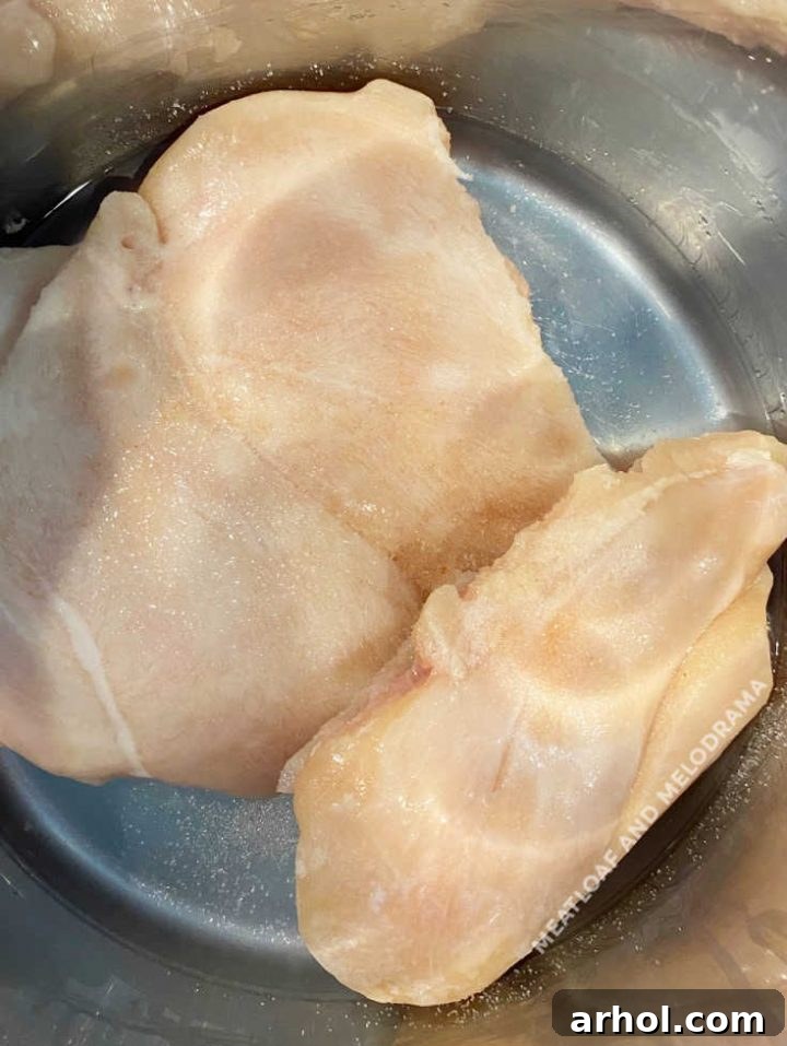 Frozen chicken breasts placed inside the Instant Pot pressure cooker with liquid added.