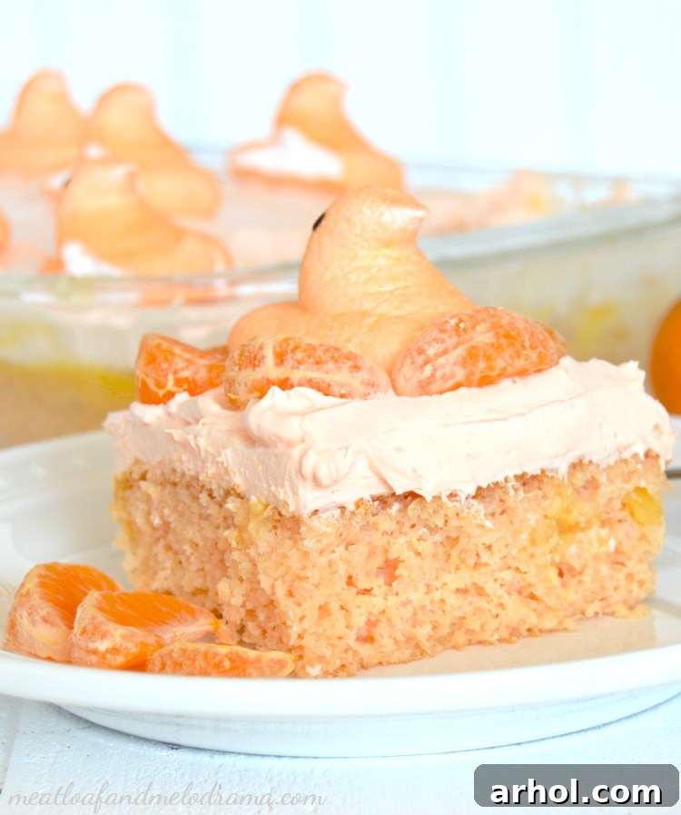 Orange Creamsicle Cake with marshmallow Peeps and mandarin orange slices