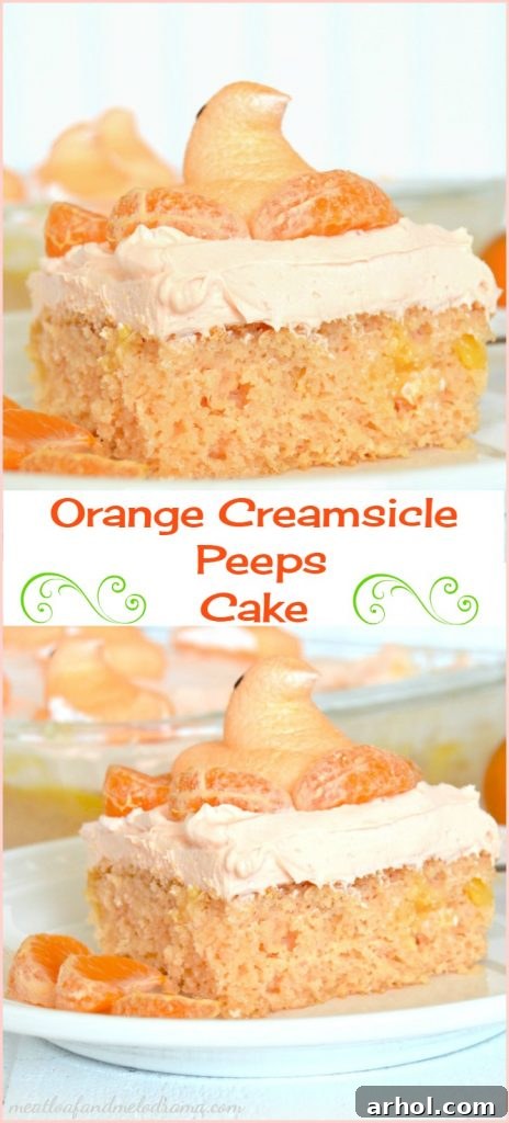 Collage of Orange Creamsicle Peeps Cake photos, showing preparation and final decorated cake