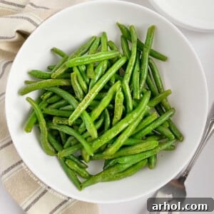 microwave green beans in white serving bowl