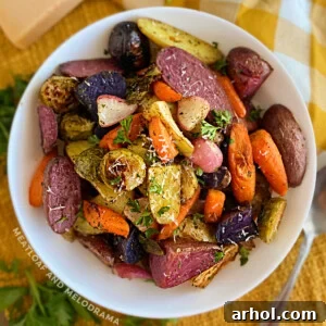 bowl of roasted vegetables on Thanksgiving table