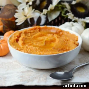 Instant Pot mashed sweet potatoes in white bowl for thanksgiving