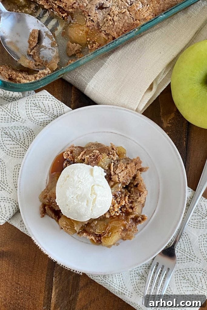 Overhead view of a freshly baked apple dump cake, topped with a scoop of vanilla ice cream, sitting on a wooden table next to a fresh Granny Smith apple.