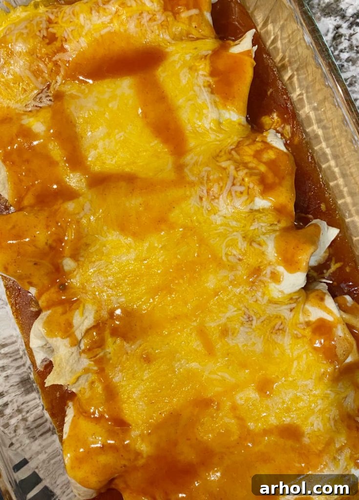 Freshly baked wet burritos in a baking dish, generously smothered in red enchilada sauce and melted cheddar cheese, hot from the oven.