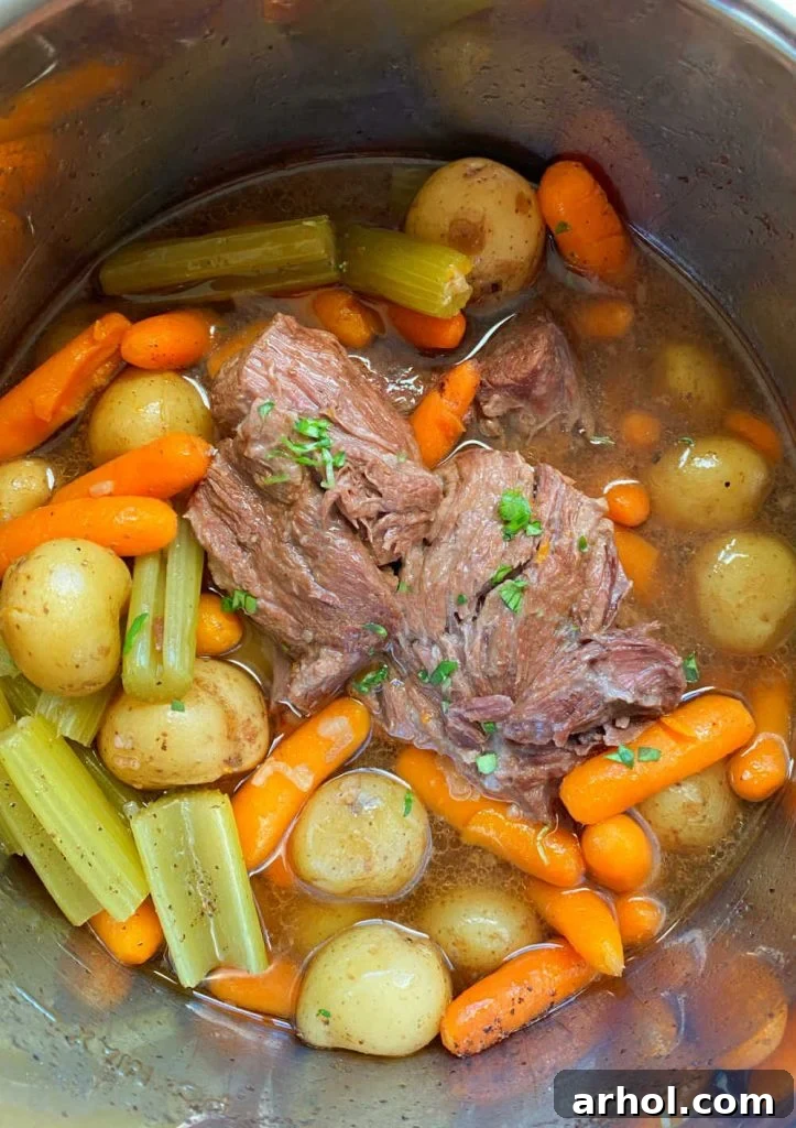 Cooked chuck roast with beef broth, onions, baby carrots, and baby potatoes in the pressure cooker