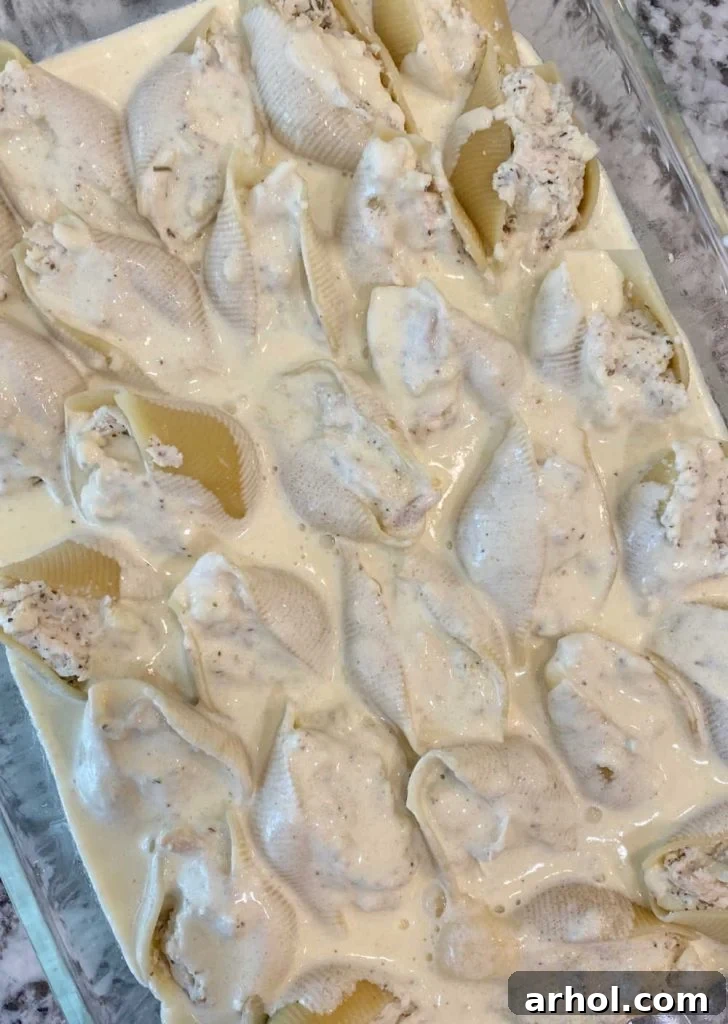 chicken ricotta stuffed shells with homemade Alfredo sauce in baking dish