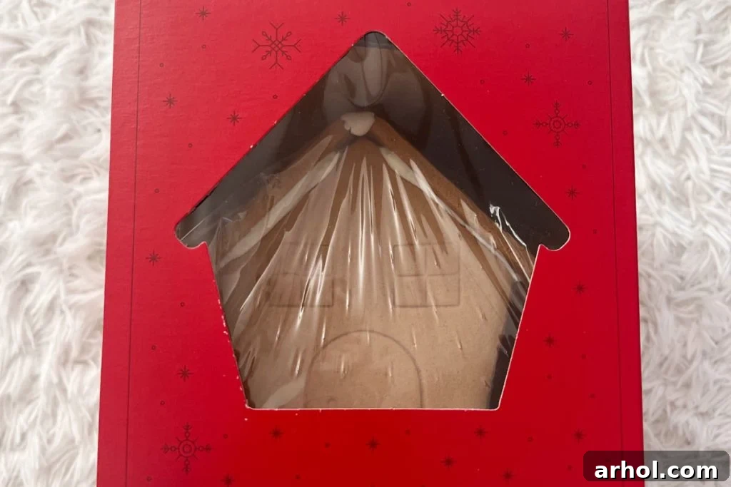 Boxed premade gingerbread house kit ready for assembly