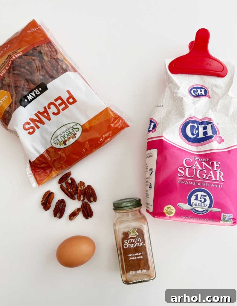 Raw pecan halves, granulated sugar, a large egg, and ground cinnamon are the simple, key ingredients laid out for making delicious candied pecans.