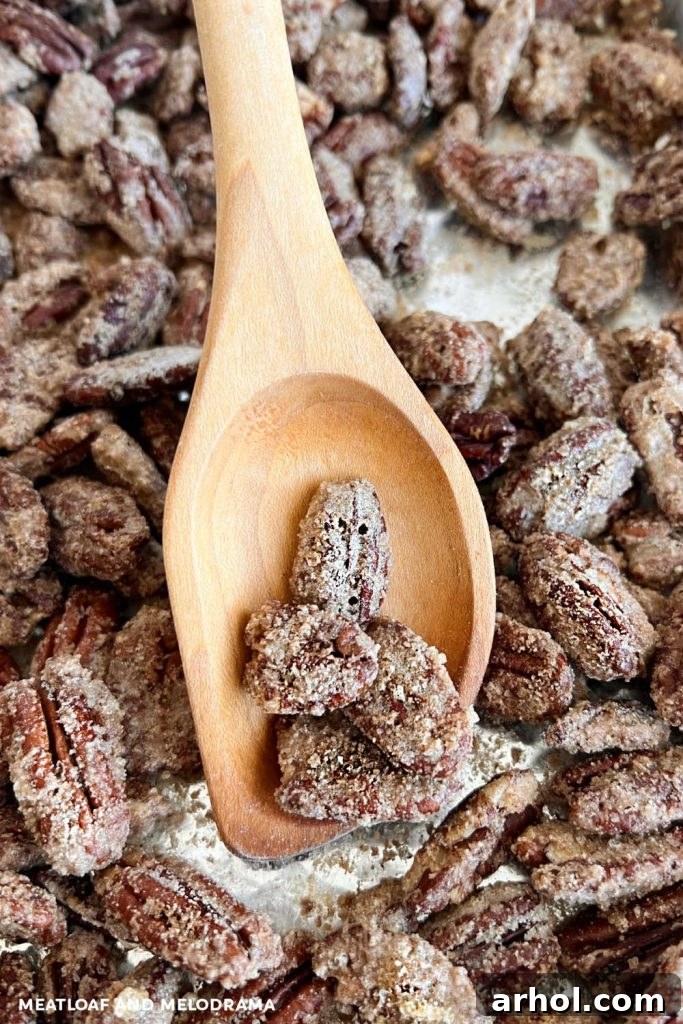 Perfectly roasted cinnamon sugar candied pecans scooped onto a wooden spoon, showcasing their golden, crunchy coating. This easy candied pecans recipe makes delicious roasted cinnamon sugar pecans in just 20 minutes. Perfect for snacks, holiday gifts, or in salads and desserts. You'll want to make this easy recipe throughout the holiday season!