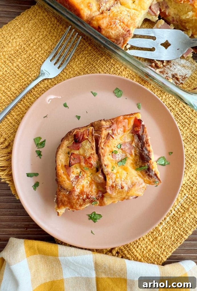 overhead view of ham strata on a plate
