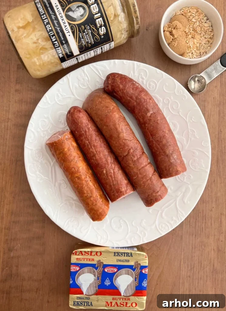 Polish sausage, Bubbie's sauerkraut, spices and butter on the table