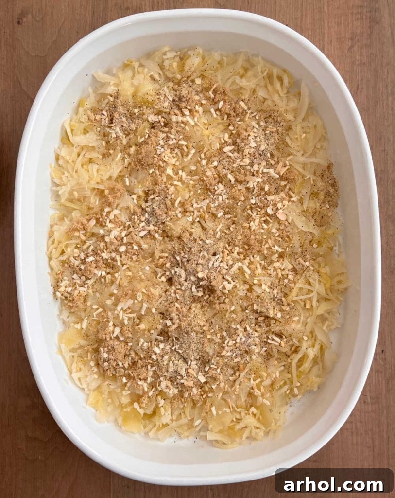 Sauerkraut and spices with brown sugar in baking dish