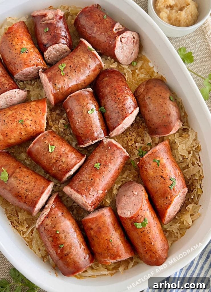 Baked Polish kielbasa and sauerkraut on the table