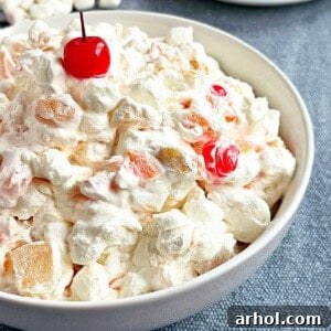 A close-up of a small serving of Marshmallow Fruit Salad with Cool Whip, garnished with a single maraschino cherry.