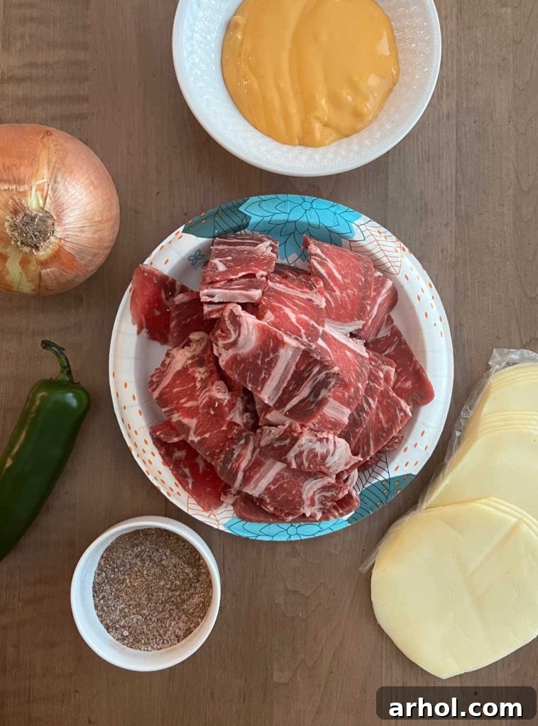 Ingredients for Arizona cheesesteak laid out: thinly sliced ribeye steak, diced jalapeño pepper, chopped onion, nacho cheese sauce, provolone cheese slices, and a selection of spices.