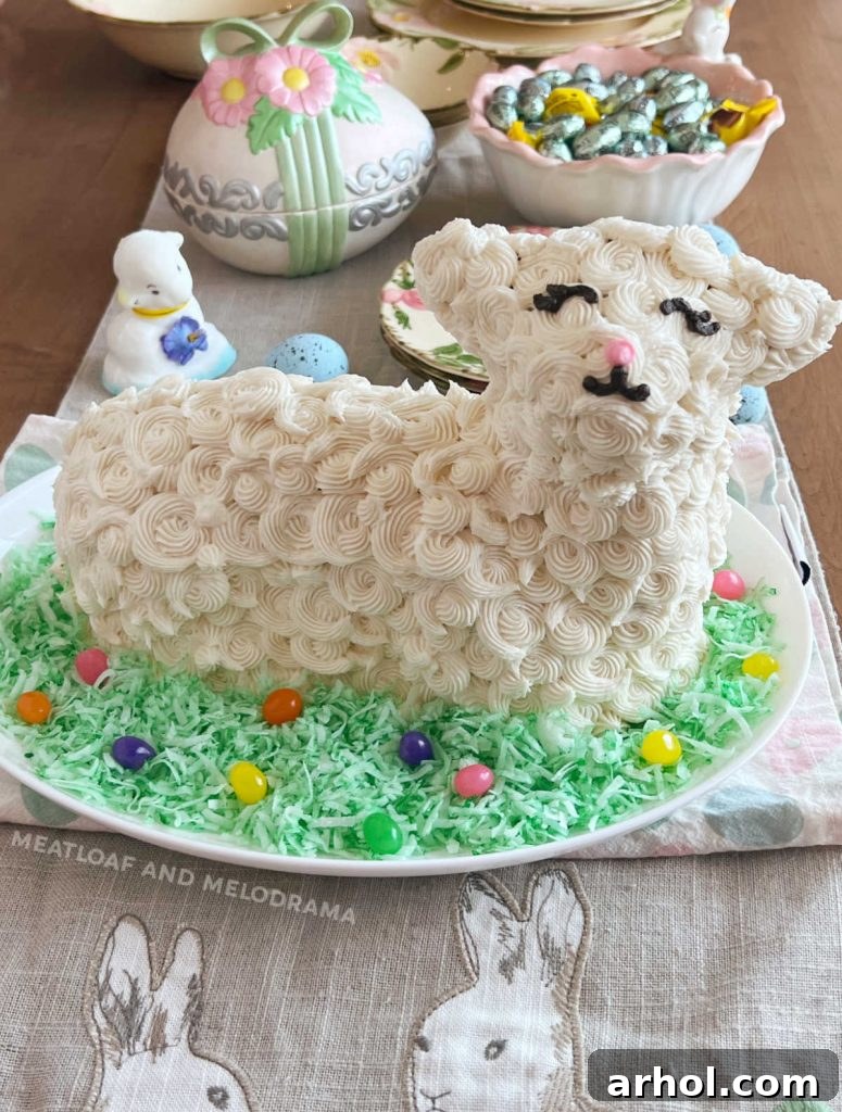 Irresistible Easter Lamb Cake 2 Beautifully decorated Easter Lamb Cake with buttercream frosting and colorful jelly beans on a rustic wooden table, ready for celebration