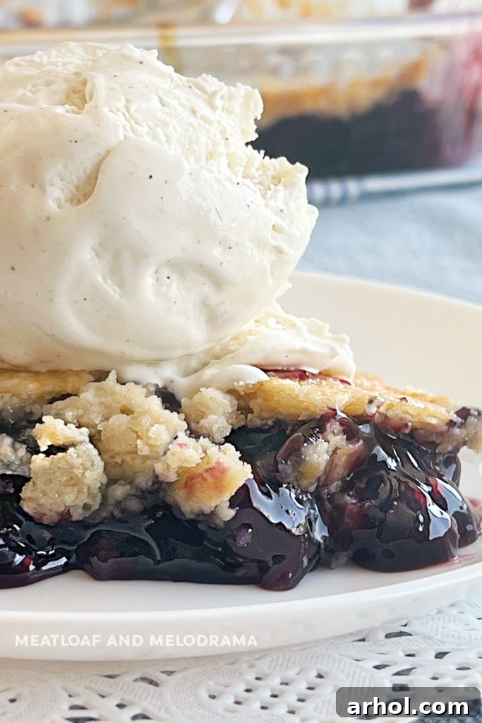 Close up of a slice of blueberry dump cake topped with a scoop of vanilla ice cream and fresh blueberries, ready to be eaten.