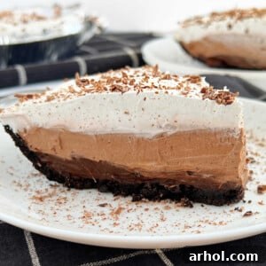 No Bake Chocolate Pudding Pie with Jell-O pudding and Cool Whip on a plate, ready to be served
