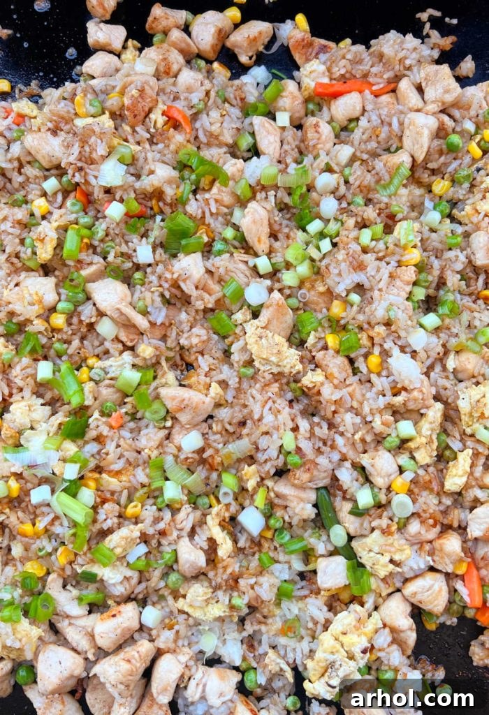 chicken fried rice with green onions and soy sauce on Blackstone flat top griddle