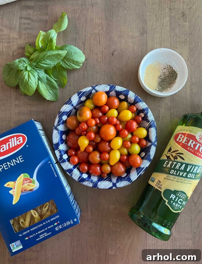 fresh basil, penne pasta, grape tomatoes, seasonings and olive oil