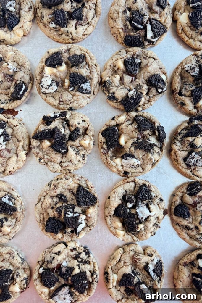 Freshly baked Oreo Chocolate Chip Cookies cooling on a cookie sheet, their edges golden and centers soft.