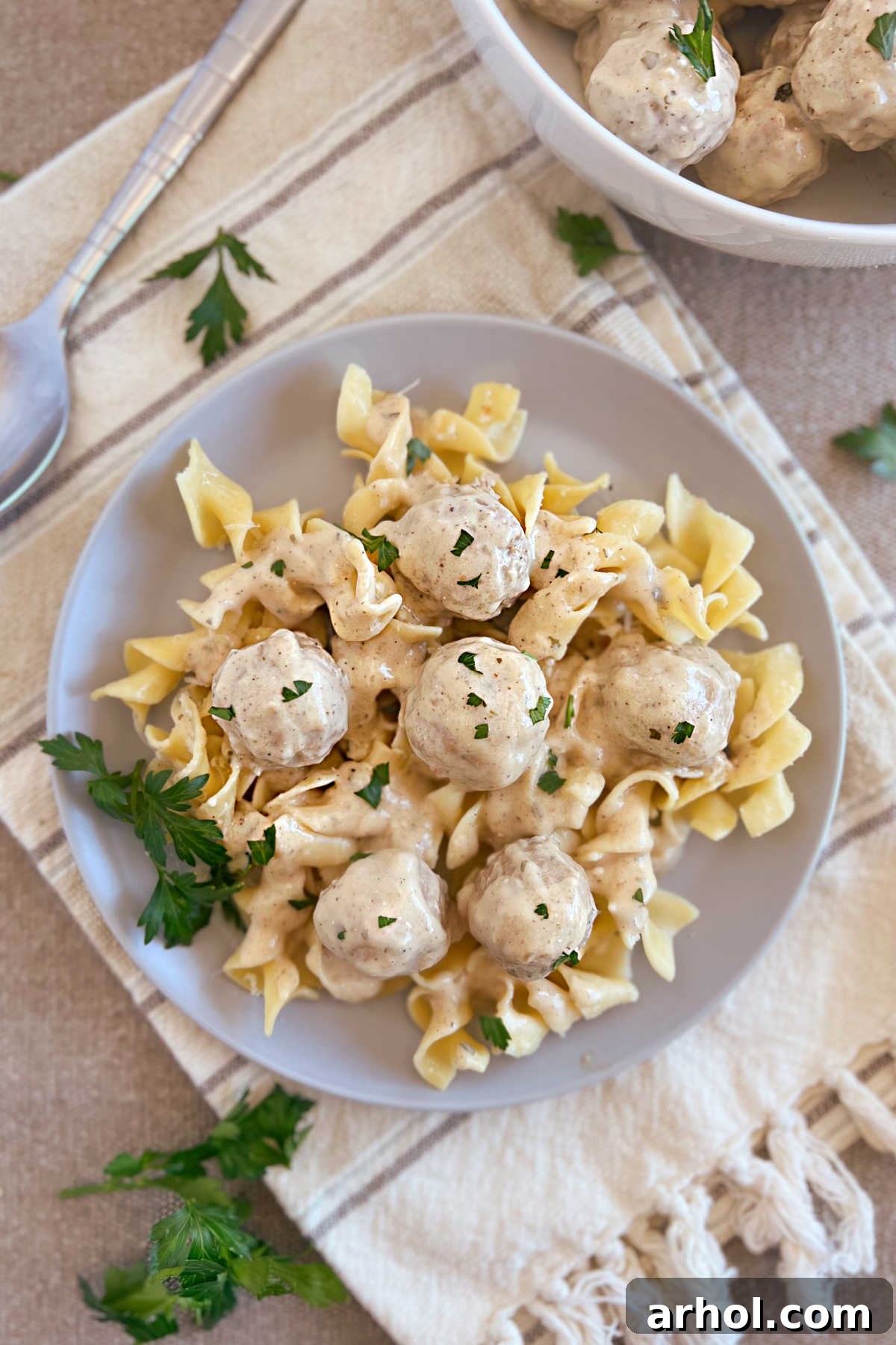 plate of Swedish meatballs in creamy white sauce over egg noodles