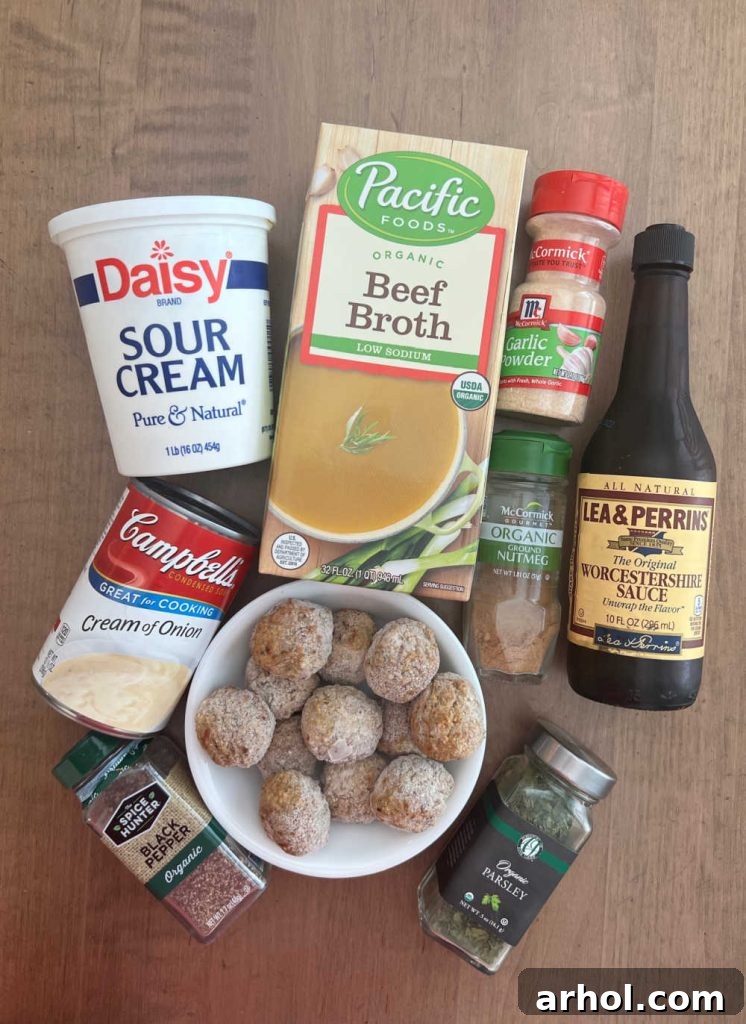 frozen meatballs, cream soup, sour cream, beef broth, Worcestershire sauce and spices