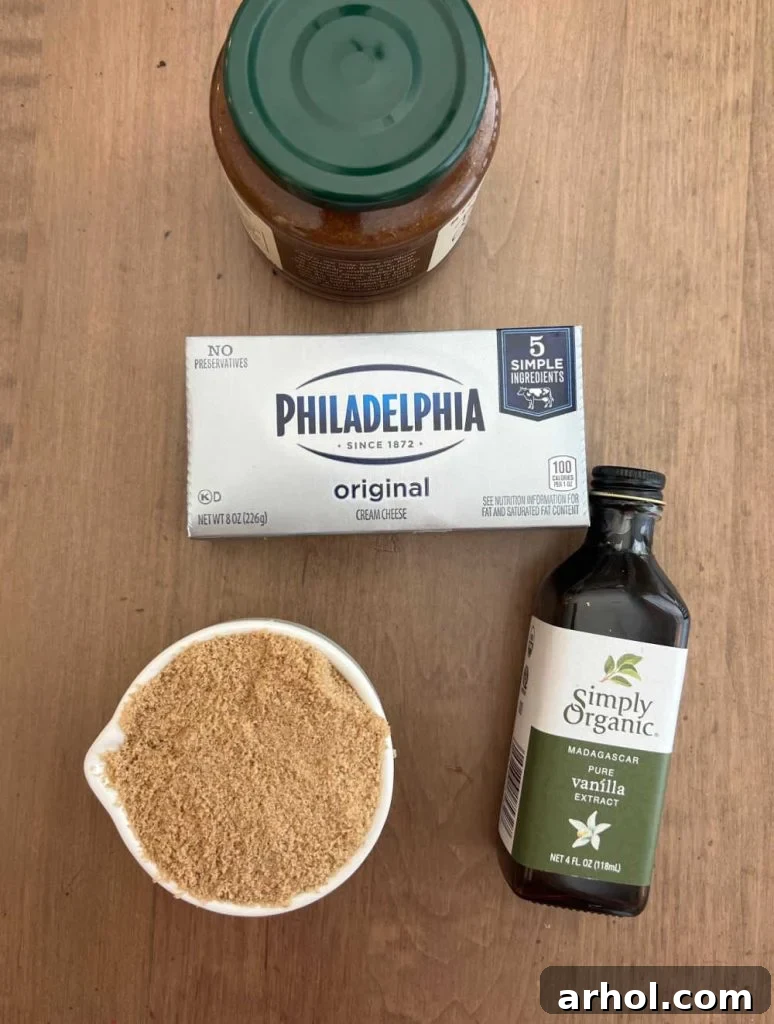 cream cheese, brown sugar, vanilla extract and caramel sauce