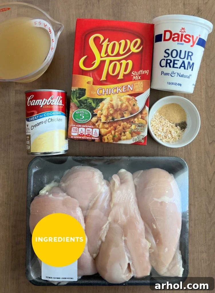 Key ingredients for Stove Top Easy Chicken Bake including raw chicken breasts, cream of chicken soup, chicken broth, sour cream, Stove Top stuffing mix, and various spices arranged on a surface.