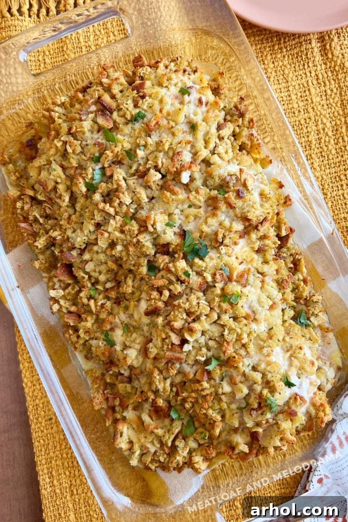 A golden-brown Stove Top Easy Chicken Bake casserole, fresh from the oven, resting in a glass baking dish with visible steam and bubbling edges.