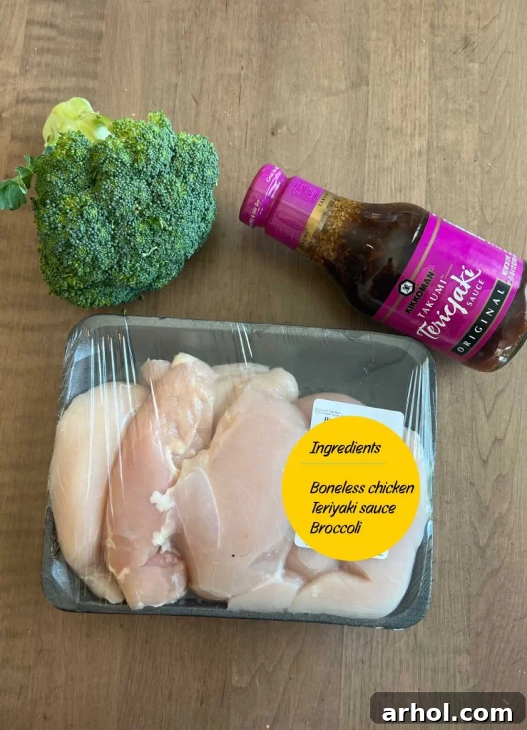 Essential ingredients: boneless skinless chicken, fresh broccoli, and a bottle of teriyaki sauce