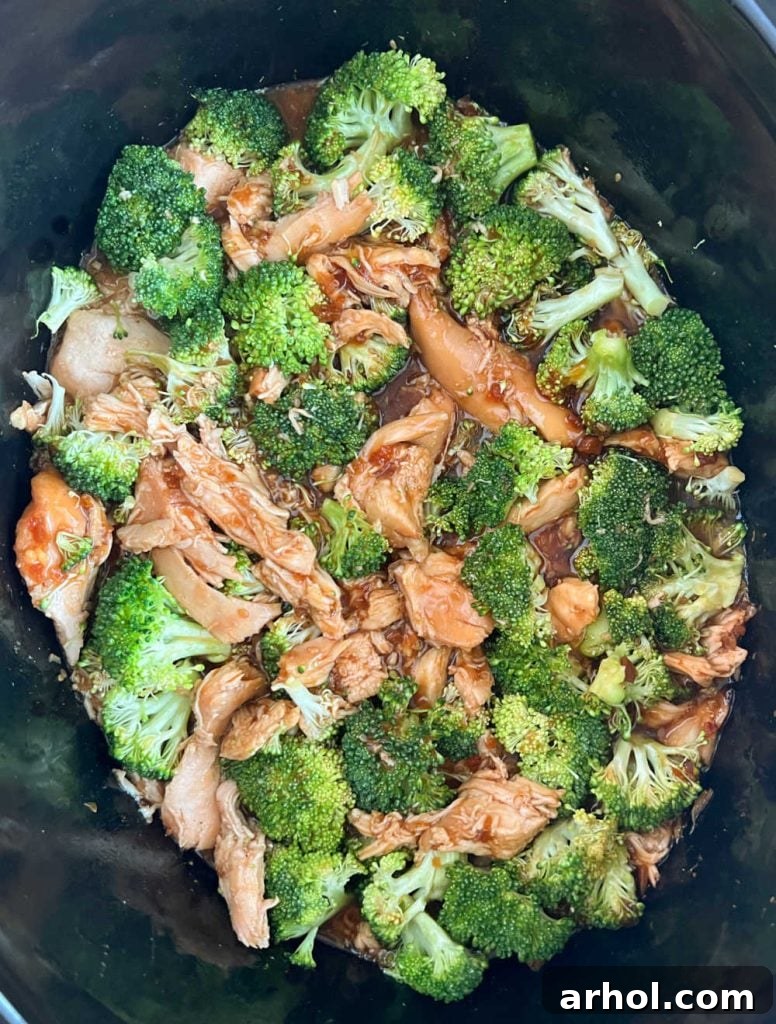 Shredded chicken with fresh broccoli florets added to the slow cooker