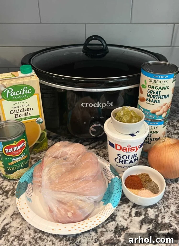 chicken, broth, corn, great northern beans, sour cream and seasonings by a crock pot