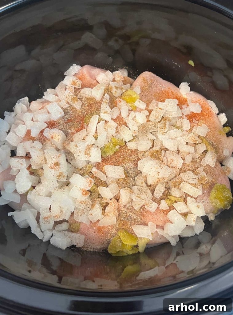 chicken breasts with onions, green chiles an seasonings in crockpot